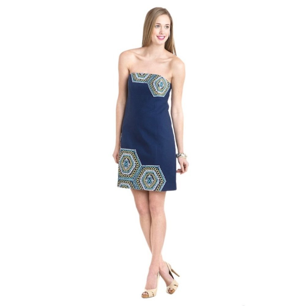 Lilly Pulitzer Dress Women’s Size 0 Navy Blue Honeycomb Bowen Strapless
